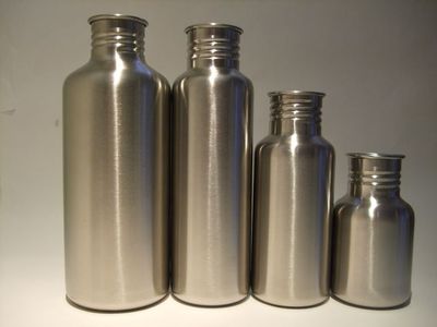 Stainless bottles in a row