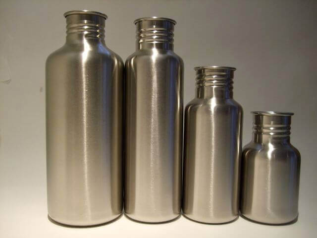 stainless bottles in a row