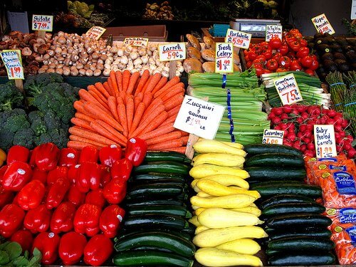 stacked veggies farmers market