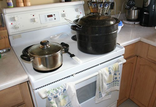 canning tomatoes pots on stove