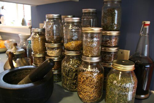 dried herbs in jars