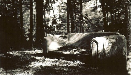 burnt couch in woods