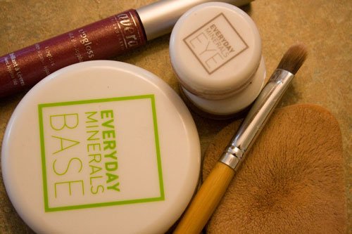 mineral makeup on bathroom counter