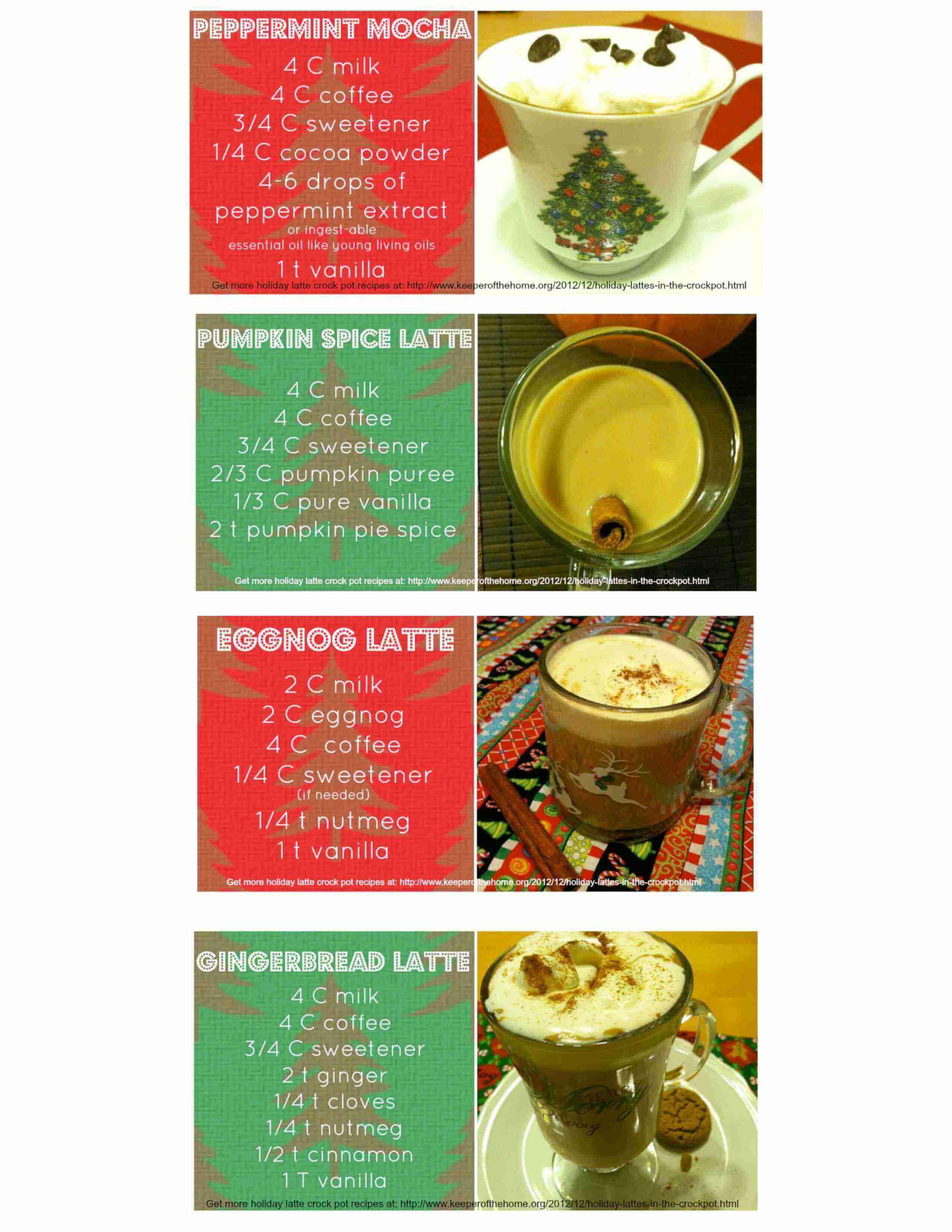 Did you know you can actually make holiday lattes in the crock pot?! My personal latte favorites are gingerbread, eggnog, peppermint mocha and pumpkin spice – here's the recipes. These really are very simple to make at home, and you’ll know your delicious hot beverage is made with real ingredients.