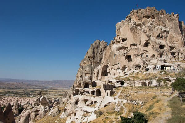 uchisar cave castle against brilliant blue sky