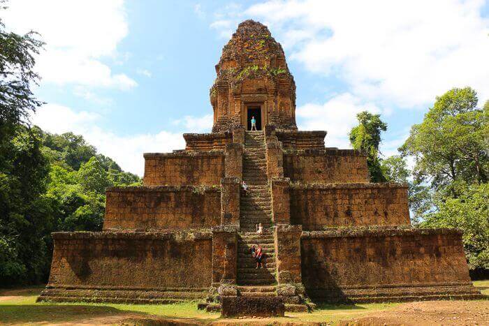 climbing up pyramid temple cambodia with kids