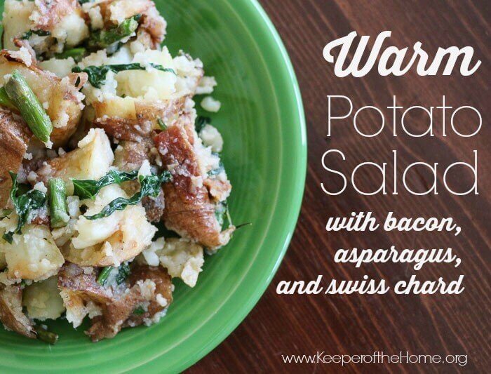 Warm potato salad with bacon, asparagus and swiss chard. Forget the hard boiled eggs. This is now my favorite version of potato salad, ever.  {via Keeper of the Home}