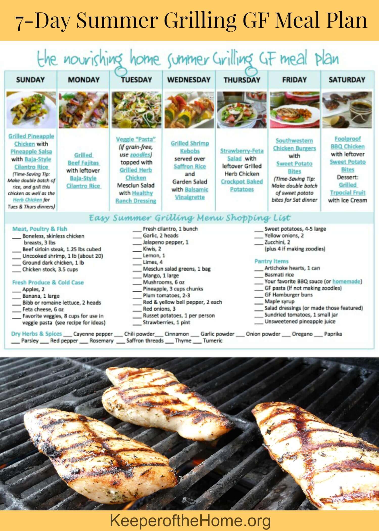 Hit the grill this summer with this 7-Day Summer Grilling Meal Plan just for you! It's gluten free and allergy friendly – plus you don't have to heat up the house cooking in the kitchen!