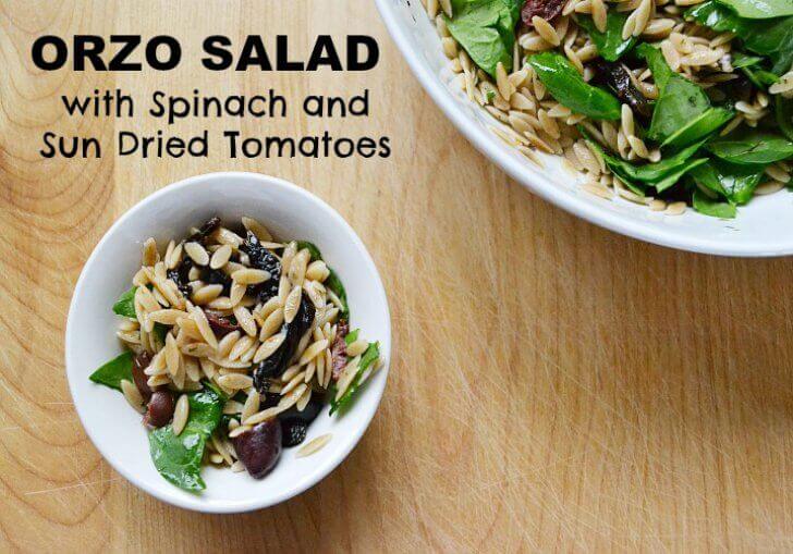 I love this recipe for orzo salad with spinach and sun dried tomatoes for many reasons. The dressing is simple, but the mediterranean flavors are always crowd pleasing! 