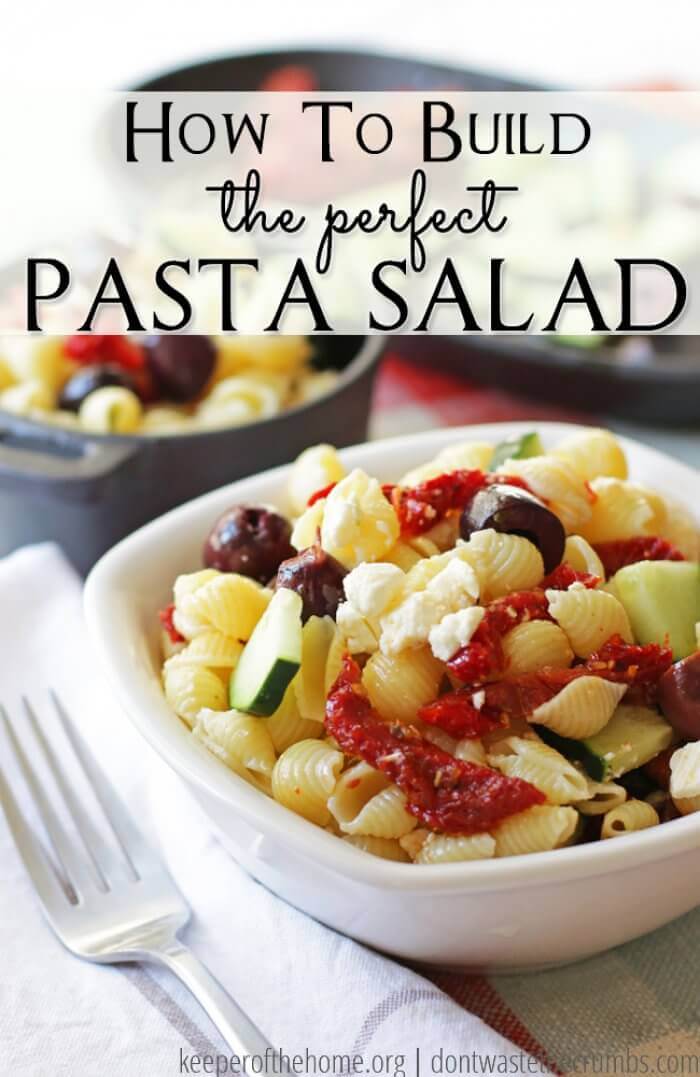 Pasta salad is frugal, and real food pasta salad is a great way to use up almost any leftover ingredient in the fridge (which helps save money by reducing our food waste).