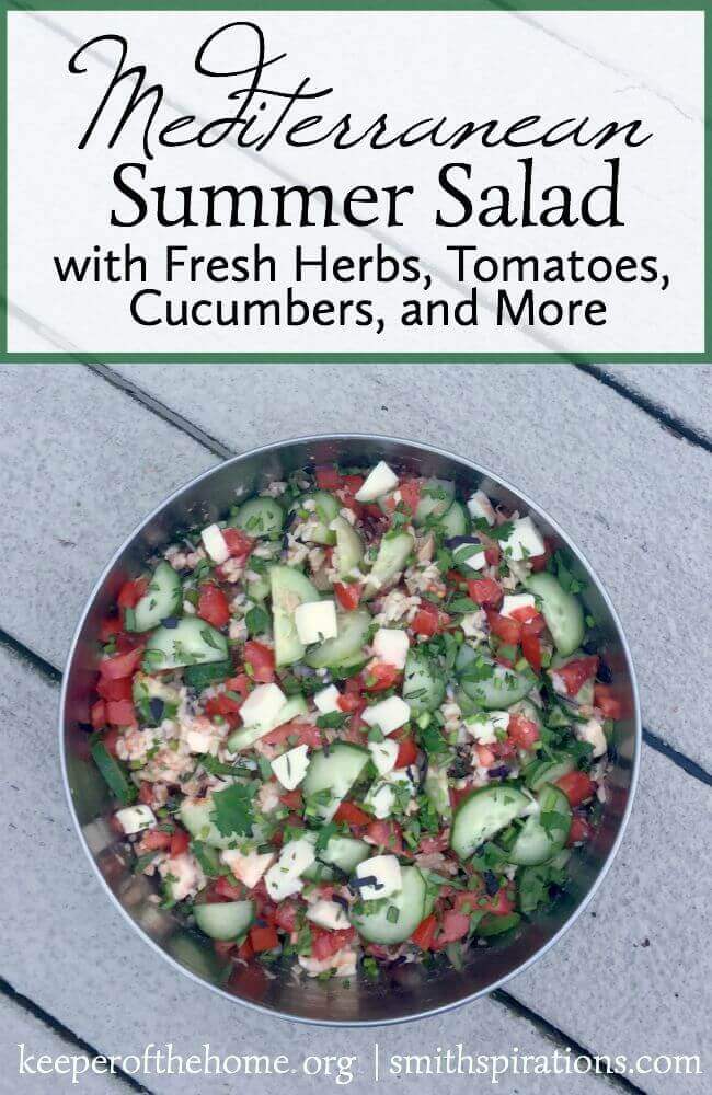 This Mediterranean Summer Salad is an all-in-one meal that doesn't heat up my small kitchen and uses some of my favorite garden vegetables and herbs. Whole grain rice and protein from convenient canned tuna and fresh mozzarella round out the salad.