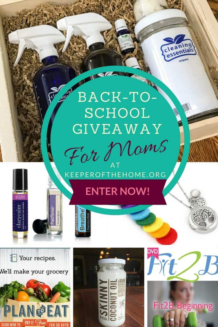 Our Back-to-School Giveaway for Moms includes over $370 of goodies to help Mom stay sane in the chaos ahead including a Cleaning Essentials set, doTerra essential oil rollerball blends, Plan to Eat AND Fit2B memberships, Skinny Coconut Oil, and an AromaLove London essential oil diffuser necklace.