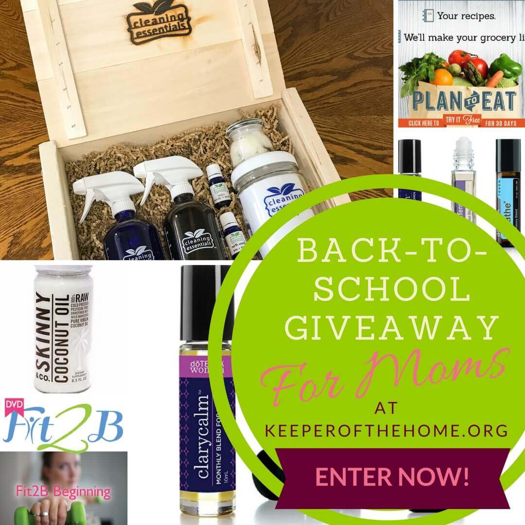 Our Back-to-School Giveaway for Moms includes over $360 of goodies to help Mom stay sane in the chaos ahead including a Cleaning Essentials set, doTerra essential oil rollerball blends, Plan to Eat AND Fit2B memberships, Skinny Coconut Oil, and an AromaLove London essential oil diffuser necklace.