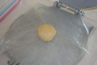 Tortilla-ball-in-plastic-on-press